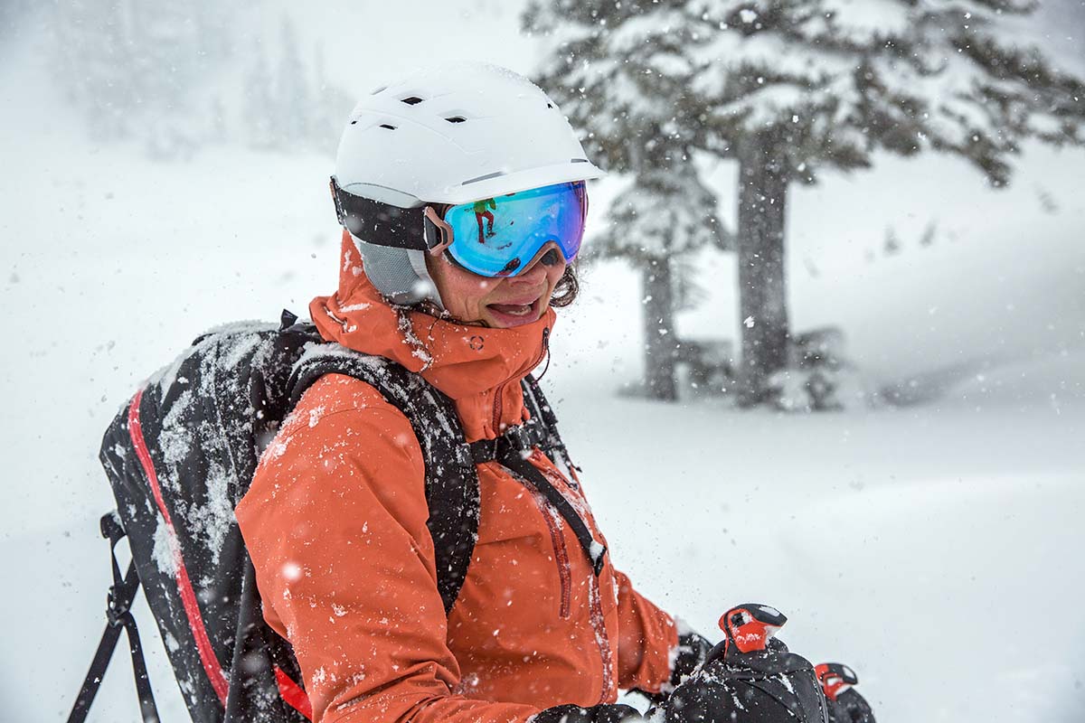 Stormy conditions wearing the Patagonia PowSlayer ski jacket